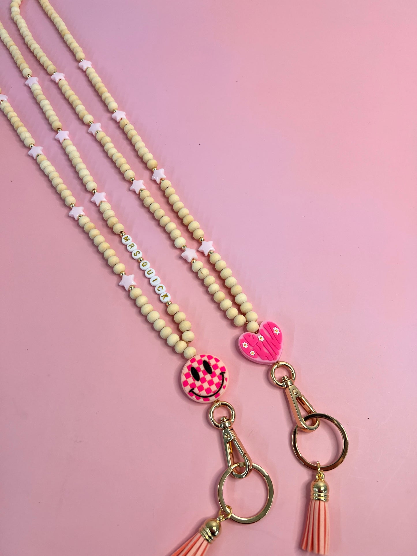 Pink Checkered Happy Face or Be Kind Teacher Lanyard